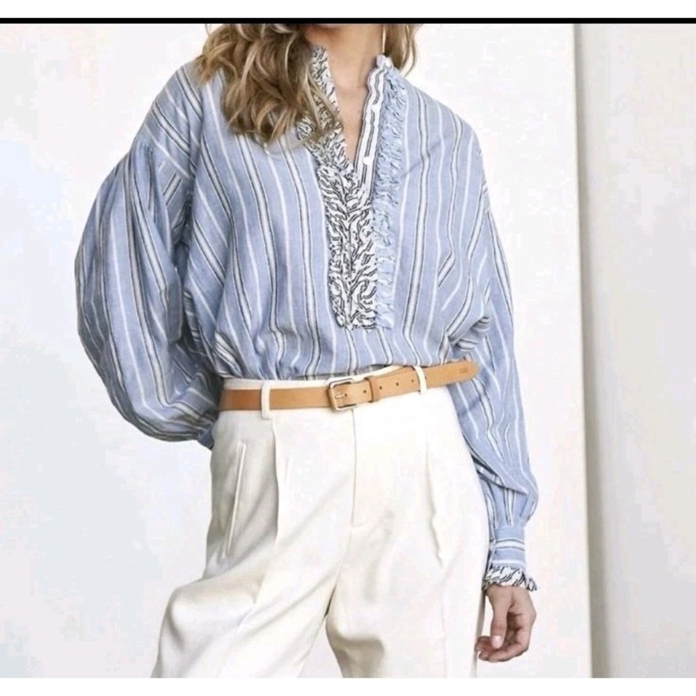 Laurence Bras V-Neck Long Sleeve Blouse Blue Stripe Cotton Tunic Women Size 38 L